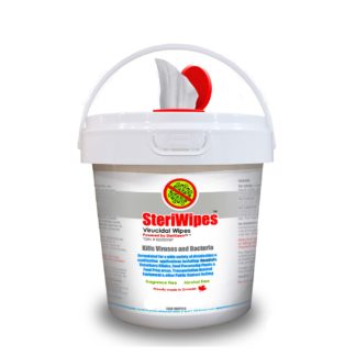 Bucket of SteriWipes™ Virucidal Wipes with a dispensing opening on the lid.
