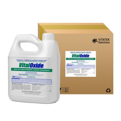 1 Gallon bottle of Vital Oxide disinfectant shown beside a Vital oxide case/