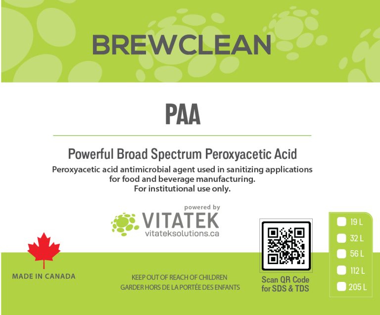 BrewClean | PAA | Peroxyacetic acid | Antimicrobial agent used in sanitizing applications for beverage manufacturing and bottling operations. BrewClean PAA is commonly utilized as an institutional use sanitizer for pre-cleaned, non-porous beverage contact surfaces such as kegs, tanks, and lines. | Vitatek Solutions, kelowna, Vancouver, Burnaby Chilliwack,, Surrey, BC, Canada